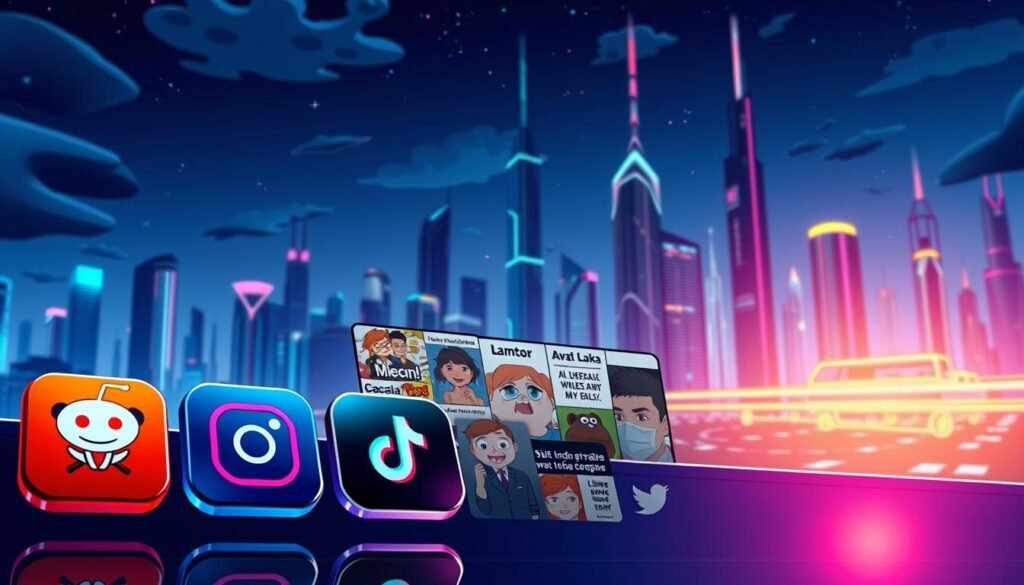 A sleek, modern illustration showcasing the top meme platforms. In the foreground, a stylized grid of popular social media and entertainment apps, including Reddit, Instagram, TikTok, and Imgur, their icons shimmering with a vibrant, digital aesthetic. In the middle ground, a collage of humorous, relatable meme content, ranging from witty text overlays to comical character illustrations. The background features a futuristic cityscape, with towering skyscrapers and a neon-lit skyline, creating a dynamic, tech-savvy atmosphere. Crisp lighting, a cinematic camera angle, and a color palette of blues, purples, and metallic tones convey a sense of innovation, connectivity, and the ever-evolving digital landscape where memes thrive.