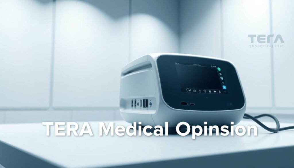 A sleek, modern medical device on a clean, minimalist desk against a soft, blurred background. The device has a smooth, curved design with a touchscreen display and various ports and buttons. The lighting is bright and diffused, creating a professional, clinical atmosphere. The camera angle is slightly elevated, giving a sense of authority and expertise. The overall mood is one of technological innovation and medical precision, reflecting the concept of a "TERA Medical Opinion."