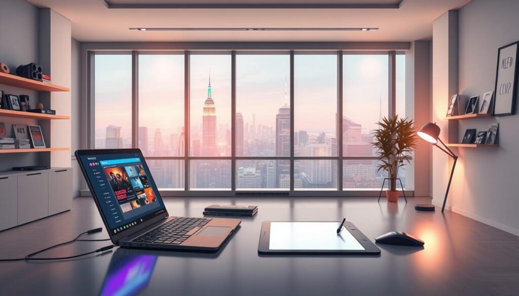 A sleek, modern meme creation workstation situated in a well-lit, minimalist studio. In the foreground, a high-end laptop displays a meme creation interface, the screen glowing with vibrant colors. On the desk, a graphics tablet and stylus, ready for intuitive meme design. The middle ground features shelves stocked with meme-themed memorabilia, a nod to the creator's passion. The background showcases large windows overlooking a bustling city skyline, providing an inspiring vista. Subtle ambient lighting from floor lamps and overhead fixtures sets a focused, creative atmosphere. The overall scene conveys a professional, efficient meme-making setup, primed for crafting impactful visual humor.