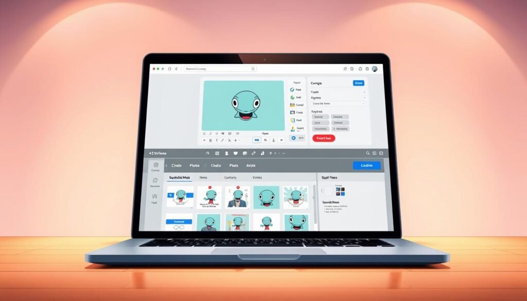 A sleek, modern meme generator interface displayed on a laptop screen, set against a clean, minimalist backdrop. The generator's design features a simple, intuitive layout with various customization options, allowing users to effortlessly create and edit their memes. Warm, directional lighting illuminates the scene, casting subtle shadows and highlighting the display's vibrant colors. The angle is slightly elevated, providing a comfortable, user-centric perspective. The overall atmosphere conveys a sense of efficiency and creativity, perfectly suited for the "Squidward Meme" download section of the article.