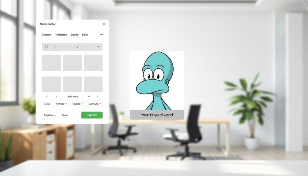A sleek, modern meme generator interface floating in a minimalist, well-lit workspace. The foreground features a clean, intuitive design with customizable templates, editing tools, and share buttons. The middle ground showcases a Squidward character meme in the process of creation, with adjustable text captions and facial expressions. The background depicts a serene, out-of-focus office environment, hinting at the effortless workflow of meme-making. Soft, diffused lighting, a neutral color palette, and a sense of simplicity and efficiency pervade the scene, inviting the user to create their own humorous Squidward-themed content with ease.