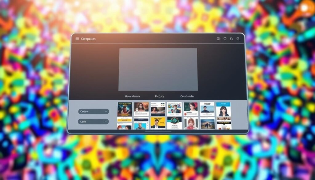 A sleek, modern meme generator interface hovers in a vibrant, digital landscape. The foreground features a clean, minimalist design with intuitive controls and a large central canvas for creating memes. The middle ground showcases a collection of popular meme templates, ready to be customized. In the background, a kaleidoscope of colorful, abstract shapes and patterns creates a visually stimulating, high-tech ambiance. Soft, directional lighting from the top left casts a warm, inviting glow, while a subtle depth of field effect adds depth and focus to the scene. The overall atmosphere conveys a sense of creativity, efficiency, and the effortless generation of engaging, shareable content.