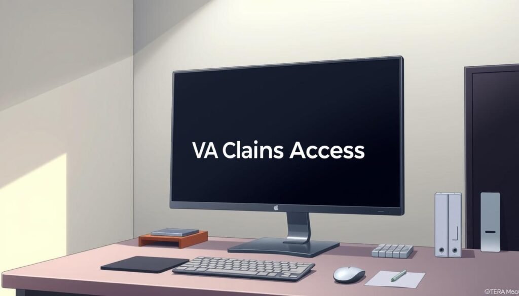 A sleek, modern office setting with a large computer monitor displaying the words "VA Claims Access" in a clean, minimalist font. The screen is the focal point, surrounded by a tidy desk with a keyboard, mouse, and a few office supplies. Soft, indirect lighting illuminates the scene, creating a calm and professional atmosphere. The background features a plain, neutral-colored wall, emphasizing the simplicity and functionality of the workspace. The overall composition conveys a sense of efficiency and accessibility, hinting at the ease of the TERA Memo download process described in the article.