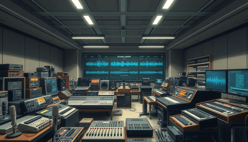 A sleek, modern sound library showcasing an array of analog and digital audio equipment. In the foreground, a collection of vintage microphones, mixers, and sound processors arranged in a visually striking display. The middle ground features rows of audio files and soundwave visualizations, conveying the depth and variety of the library's content. In the background, a minimalist, industrial-inspired environment with clean lines and muted tones creates a professional, high-tech atmosphere. Soft, directional lighting accentuates the textures and details of the equipment, while a shallow depth of field draws the viewer's focus to the central sound-related elements. The overall scene exudes a sense of order, curation, and the joy of exploring a comprehensive sound resource.