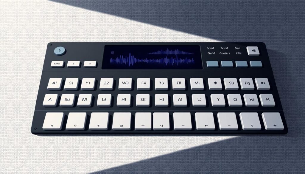 A sleek, modern soundboard interface with a grid of customizable buttons, each representing a distinct sound or audio clip. The buttons are crisp, high-resolution icons in a muted color palette, allowing the user to easily identify and select their desired audio effects. The background features a subtle, textured pattern that adds depth and sophistication to the design. Soft, diffused lighting creates a professional, studio-like atmosphere, while the overall layout is clean, intuitive, and optimized for seamless user interaction. The scene conveys a sense of creativity, personalization, and the power to craft a unique, engaging audio experience.