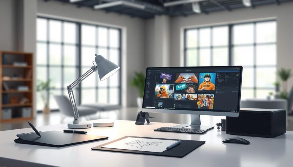 A sleek, modern workspace with a stylized desktop arrangement. In the foreground, an array of digital drawing tools and meme creation software are neatly organized, including a graphics tablet, digital pen, and various image editing applications displayed on a high-resolution monitor. The middle ground features a clean, minimalist table surface with a minimalist lamp providing soft, diffused lighting. In the background, a blurred, contemporary interior with large windows allowing natural light to filter in, creating a bright, airy atmosphere conducive to creative endeavors. The overall scene conveys a sense of efficiency, inspiration, and the digital tools necessary for crafting humorous, irreverent memes.