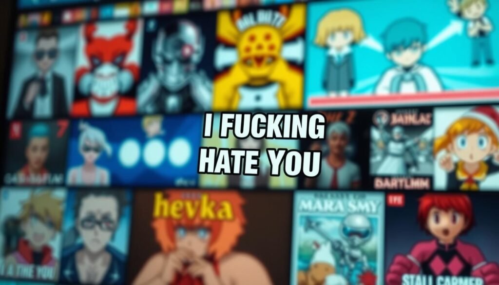 A social media feed displaying a prominently featured "I Fucking Hate You" meme against a blurred background of other popular internet memes. The meme is presented in a visually engaging manner, with subtle lighting and a sophisticated camera angle that draws the viewer's attention. The overall atmosphere conveys a sense of digital culture and connectivity, inviting the viewer to engage with and share the content. The image is clean, without any distracting elements, allowing the meme to be the focal point and emphasizing the section's theme of sharing such content.