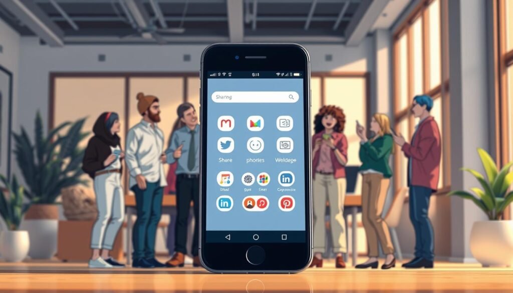 A social media sharing scene with a smartphone screen in the foreground, displaying sharing icons and buttons. In the middle ground, a group of diverse people gathered around the phone, engaged in enthusiastic discussions and hand gestures. The background features a stylized, modern office or workspace setting, with clean lines, minimalist decor, and warm, natural lighting from large windows. The overall mood is one of collaboration, connectivity, and the excitement of sharing content on various social media platforms.