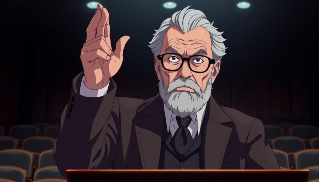 A stern-faced professor, clad in a tweed jacket and wire-rimmed glasses, stands at a podium, one hand raised in a gesture of authority. The lighting is dramatic, casting deep shadows across the professor's weathered features, conveying a sense of gravitas and intellectual rigor. The backdrop is a dimly lit, wood-paneled lecture hall, with rows of empty chairs receding into the distance, creating a sense of solemnity and anticipation. The professor's expression is one of unwavering determination, as if about to deliver a verdict that will resonate with profound significance.