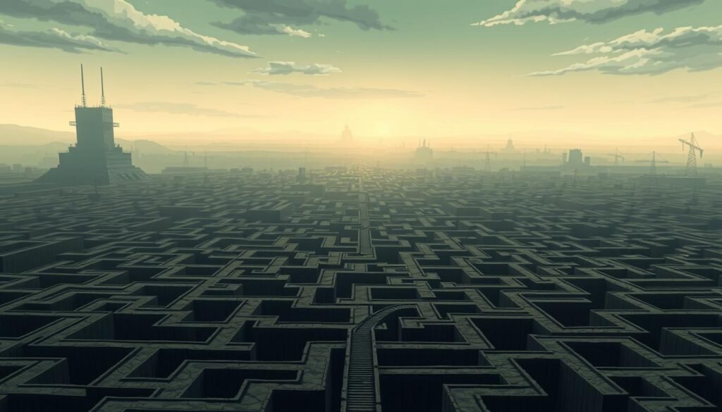 A thought-provoking landscape depicting the broader implications of the "Fight Club" essay. In the foreground, a maze-like network of interconnected pathways, symbolizing the complex web of societal structures and systems explored in the essay. The middle ground features towering, monolithic structures representative of the power dynamics and institutions challenged within the text. Bathed in a subtle, hazy light, the background reveals a horizon of ambiguity, hinting at the far-reaching and uncertain consequences of the essay's themes. The overall composition conveys a sense of contemplation, inviting the viewer to ponder the deeper ramifications and reverberations of the "Fight Club" discourse.
