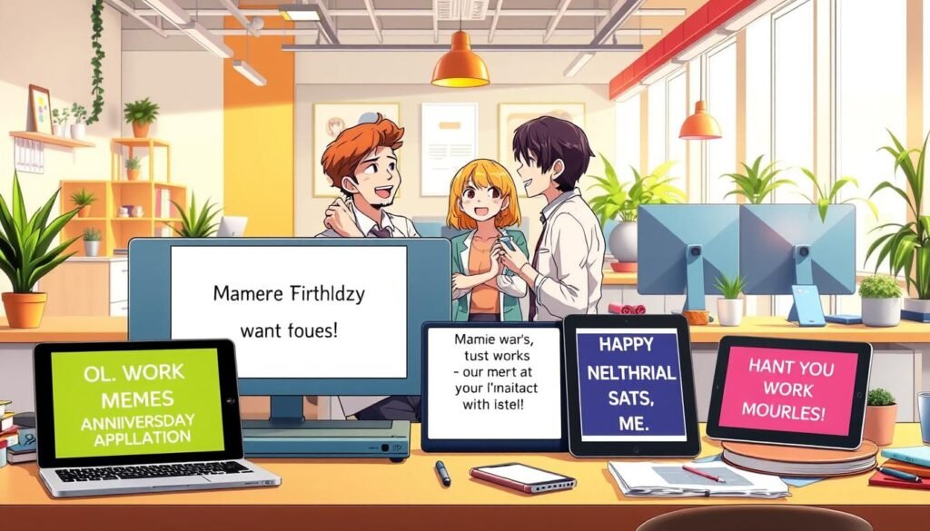 A vibrant and humorous office scene with a collection of amusing memes displayed on various devices and surfaces. The foreground features a desk with a laptop, smartphone, and tablet, each showcasing a different comedic work-related meme. In the middle ground, co-workers gather around the desk, sharing laughter and engaging with the memes. The background depicts a modern, well-lit office environment with colorful decor, plants, and playful accents that contribute to the lighthearted atmosphere. Lighting is warm and natural, capturing the mood of a collaborative and joyful workspace. The overall composition strikes a balance between the digital memes and the physical office setting, creating a visually engaging and relatable illustration of "Funny Work Anniversary Memes to Brighten the Office."