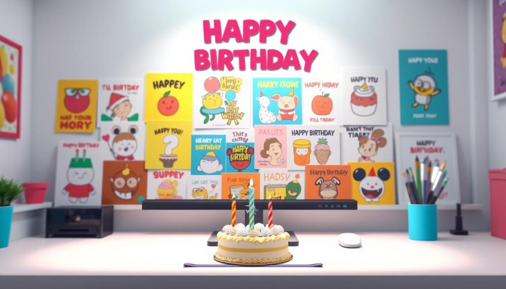 A vibrant and lighthearted scene of a collection of brightly colored birthday memes, arranged neatly on a clean, minimalist workspace. The memes feature a variety of playful, humorous designs and illustrations, conveying a sense of joy and celebration. The foreground is well-lit, with a soft, diffused lighting creating a warm, inviting atmosphere. The middle ground showcases the memes in a visually appealing, organized manner, while the background is slightly blurred, creating a sense of depth and focus on the main subject. The overall mood is upbeat and festive, perfectly capturing the spirit of "How to Download Happy Birthday Memes for Free".