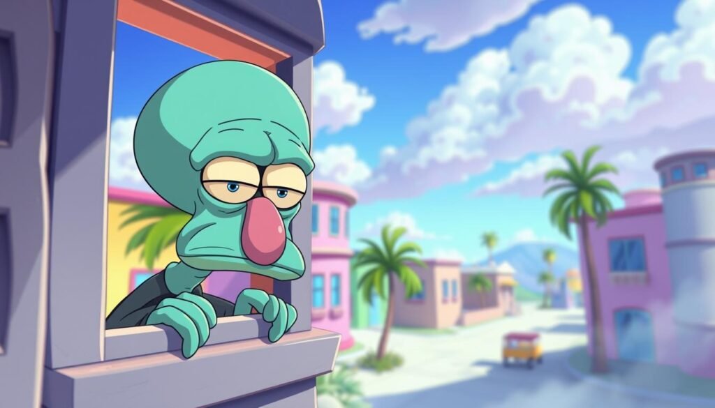 A vibrant, animated video meme featuring Squidward Tentacles peering out of his iconic window with a disgruntled expression. The scene is rendered in a whimsical, cartoon-like style, with a sense of movement and energy captured through dynamic camera angles and lighting. The foreground showcases Squidward's detailed facial features and signature outfit, while the middle ground features the familiar sights of Bikini Bottom, including swaying palm trees and pastel-colored buildings. The background is a dreamlike, abstract landscape, evoking the surreal nature of the meme. The overall atmosphere is one of lighthearted humor and the quintessential Squidward aesthetic.