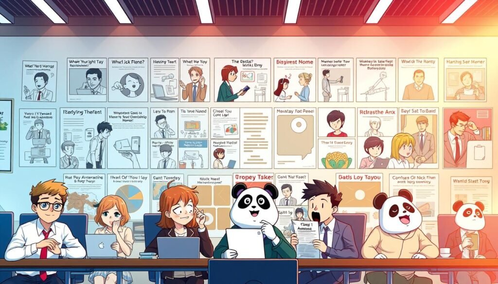 A vibrant collage of popular work-themed memes, captured with a crisp, clean aesthetic. In the foreground, a selection of relatable workplace scenarios depicted through humorous digital illustrations, each brimming with personality. The middle ground showcases a diverse array of meme templates, from the classic "Distracted Boyfriend" to the ever-popular "Confused Nick Young". The background features a minimalist, office-inspired environment, accentuated by warm, directional lighting that casts a sense of professionalism and productivity. The overall mood is lighthearted and engaging, perfectly suited to illustrate a curated collection of "Bored Panda: Curated Meme Lists".