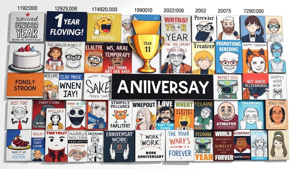 A vibrant collage of work anniversary memes arranged by years, captured in a realistic digital art style. The foreground features a dynamic arrangement of memes showcasing humorous, relatable, and lighthearted takes on work milestones, such as a "1 Year Strong" cake, a "Survived Another Year" trophy, and a "Promotions Are Temporary, Memes Are Forever" banner. The middle ground showcases a diverse range of meme designs, each representing a different year of employment, with subtle textures and intricate details. The background maintains a clean, minimalist aesthetic, allowing the memes to take center stage and create a visually engaging, shareable, and thematic representation of work anniversary celebrations.