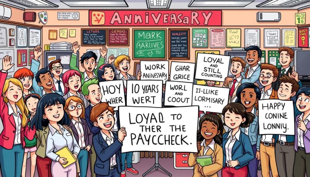 A vibrant, hand-drawn comic-style illustration of a series of loyalty-themed memes. In the foreground, diverse characters in various work uniforms and settings celebrate work anniversaries with joyful expressions and gestures, conveying a sense of camaraderie and shared accomplishment. The middle ground features a variety of witty, humorous meme formats, such as "10 Years and Still Counting" and "Loyal to the Paycheck." The background is a dynamic, colorful workspace filled with office supplies, motivational posters, and other relatable elements. The overall tone is lighthearted, whimsical, and reflects the celebratory nature of work anniversary milestones.