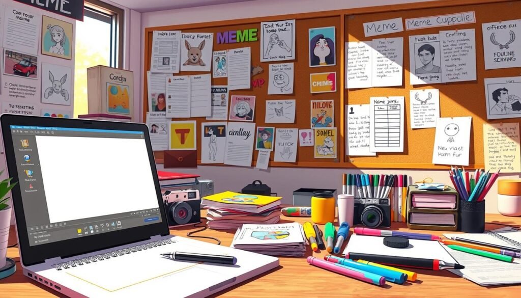 A vibrant, high-resolution image of a workspace filled with various meme creation tools. In the foreground, an open laptop displays a digital canvas with editing software, surrounded by a stylus, a retro-styled camera, and a stack of colorful, annotated printouts. In the middle ground, a tidy arrangement of art supplies including markers, highlighters, and a sketchpad lend a hands-on, creative atmosphere. The background showcases a corkboard covered in meme templates, inspirational images, and humorous inside jokes, all bathed in warm, natural lighting from a large window. The overall scene conveys a playful, yet productive environment for crafting engaging, shareable memes.