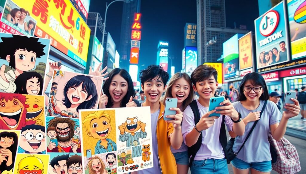 A vibrant, humorous scene of TikTok-inspired memes and short video content. In the foreground, a collage of zany, colorful meme images, from relatable everyday situations to absurdist, ironic humor. In the middle ground, a group of young people energetically recording and sharing video clips on their smartphones, their expressions animated and playful. The background features a dynamic, visually-striking cityscape, with neon lights, billboards, and a pulsing, fast-paced energy. The overall mood is lighthearted, energetic, and visually stimulating, capturing the essence of the modern, meme-driven social media landscape. Captured with a wide-angle lens, high-key lighting, and a slightly distorted, almost surreal perspective.