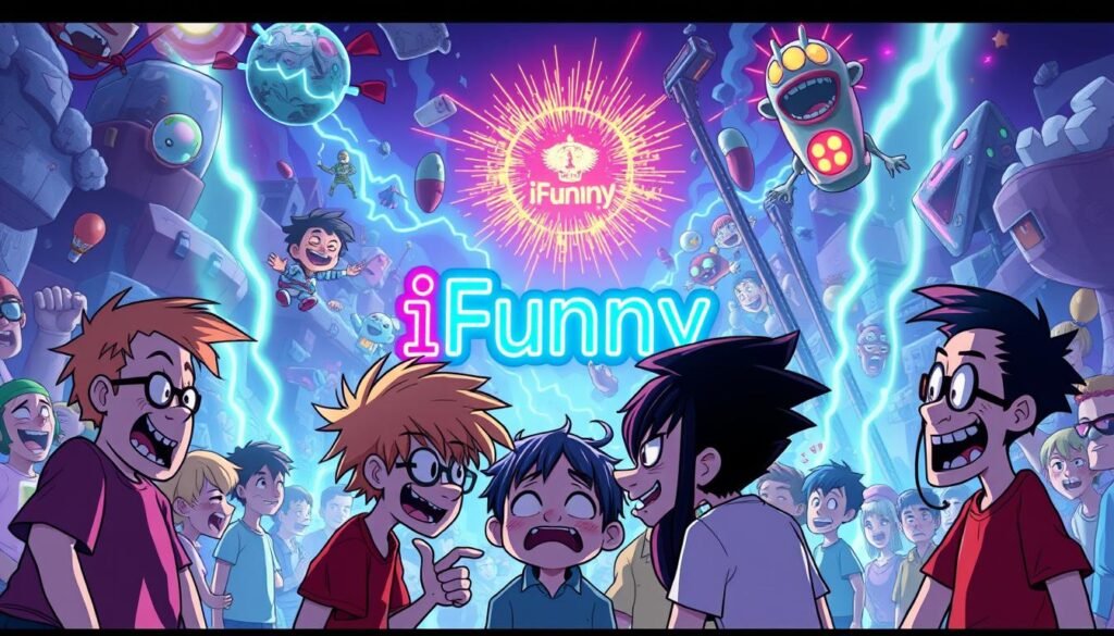 A vibrant, humorous scene showcasing the unique culture of the iFunny meme community. In the foreground, a group of characters - quirky, irreverent, and full of personality - engage in playful, absurdist banter, their expressions and gestures capturing the irreverent spirit of iFunny. The middle ground features a stylized, neon-infused representation of the iFunny logo, glowing with an electrifying energy. In the background, a chaotic, hyperactive landscape unfolds, with surreal, meme-inspired elements colliding in a visually captivating display. The lighting is dynamic, with splashes of vivid, saturated colors that heighten the sense of whimsy and humor. The overall composition conveys the sense of a vibrant, niche community united by its shared appreciation for the unconventional and the absurd.
