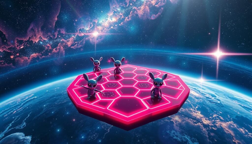 A vibrant, intergalactic game board floats in the vast expanse of space, its neon-lit hexagonal tiles glowing with cosmic energy. Playful alien characters in whimsical poses dot the game's surface, their expressions exuding a mischievous, comedic charm. Shimmering nebulae and distant galaxies form a breathtaking backdrop, casting a mesmerizing, otherworldly atmosphere. Beams of cosmic light and subtle lens flares create a sense of dynamic movement and spectacle, perfectly capturing the spirit of an "intergalactic humor meme game." The scene is composed with a cinematic, wide-angle perspective, inviting the viewer to immerse themselves in this imaginative, humorous cosmic realm.