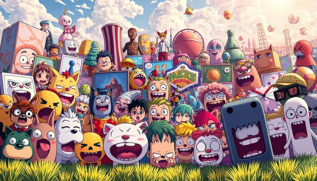A vibrant, lighthearted collection of humorous digital art pieces. In the foreground, a diverse array of stylized, expressive meme characters - from goofy animals to quirky human faces - conveying a range of playful emotions and situations. The middle ground features a dynamic collage of meme-inspired visual elements, such as surreal backgrounds, abstract patterns, and playful typography. The background showcases a visually striking, yet whimsical landscape, with vibrant colors, fantastical shapes, and a sense of boundless creativity. Soft, warm lighting bathes the scene, creating a welcoming, inviting atmosphere. Captured with a wide-angle lens to showcase the full breadth of this imaginative meme-inspired universe.