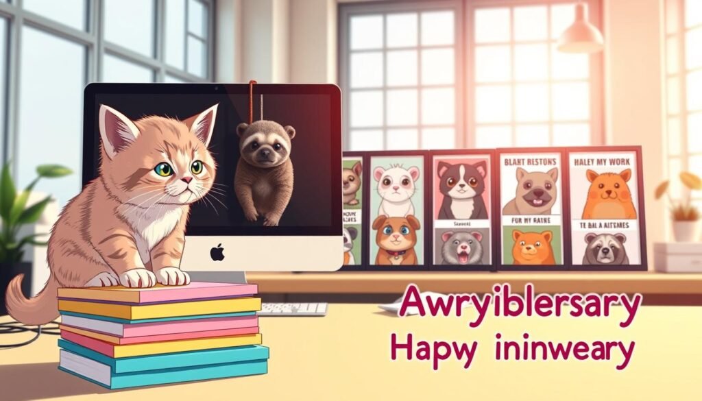 A vibrant, lighthearted scene of various animal-themed memes displayed on a modern office desk. In the foreground, a cute kitten meme sits atop a stack of colorful sticky notes, while a comical sloth meme dangles from the side of a monitor. The middle ground features a row of framed animal memes, each with a distinct personality, such as a sassy pug and a perplexed hamster. The background showcases a cheerful, minimalist workspace, with natural lighting filtering through large windows, casting a warm glow over the playful, animal-centric visuals. The overall atmosphere conveys a sense of humor, creativity, and a lighthearted approach to celebrating a work anniversary.