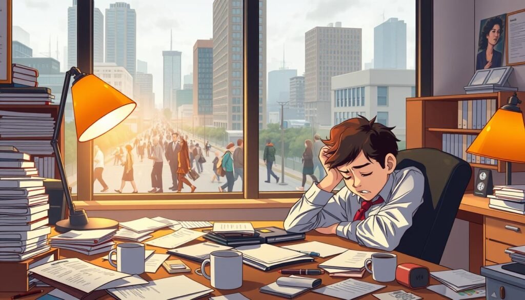 A vibrant scene of a cluttered office on a Saturday morning. In the foreground, a frustrated office worker slumps at their desk, surrounded by scattered papers and half-empty coffee mugs. The middle ground features a large window overlooking a lively city street, where people are strolling and enjoying their weekend. The background is a stylized, hazy representation of the corporate environment, with towering skyscrapers and a dreary, overcast sky. The lighting is a mix of warm desk lamps and the muted, natural light filtering in from the window, creating a sense of wistfulness and longing for the freedom of the weekend. The overall mood is one of work-related ennui and the desire to escape the confines of the office.
