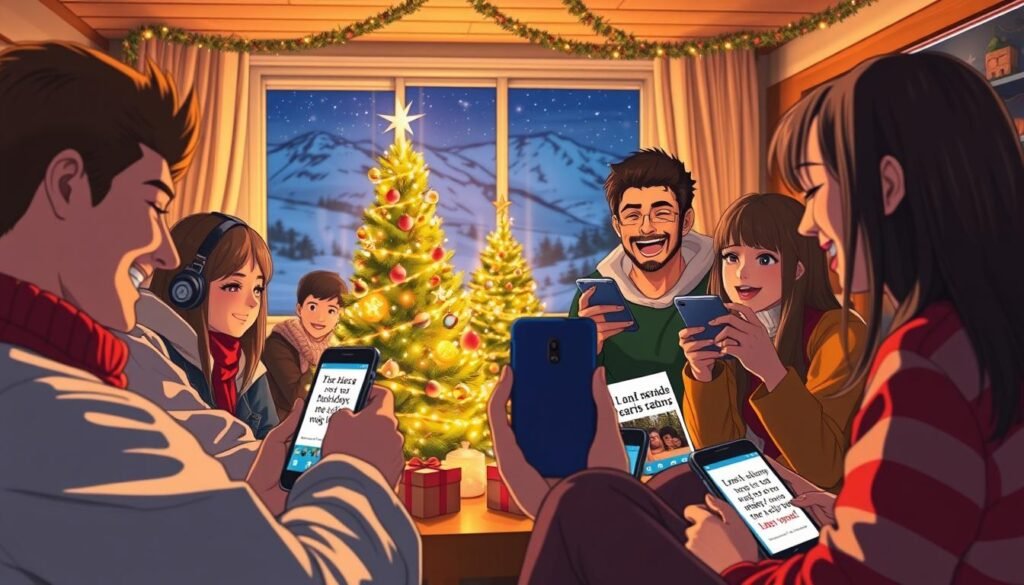 A vibrant, socially-engaged Christmas scene with a playful, meme-inspired twist. In the foreground, a group of friends gather around a cozy living room, their expressions filled with laughter as they exchange humorous holiday-themed memes on their smartphones. The middle ground showcases a twinkling Christmas tree, its ornaments and lights creating a warm, festive glow. In the background, snow-capped mountains and a starry night sky set the scene for this lighthearted, social media-fueled celebration. The lighting is soft and natural, accentuating the festive mood. Captured with a wide-angle lens, this image conveys the joy and connectivity of sharing hilarious digital content during the holiday season.