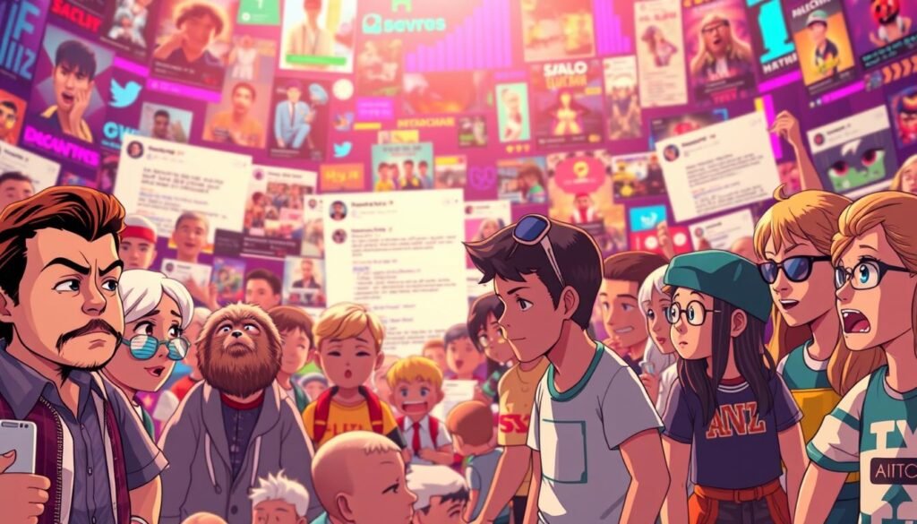 A vibrant tapestry of digital culture, a collage of viral sensations that have captivated the masses. In the foreground, a kaleidoscope of iconic meme characters - the exasperated Leonardo DiCaprio, the blinking white guy, the distracted boyfriend - frozen in their memetic glory. In the middle ground, a scrolling feed of social media posts, each a snapshot of the collective zeitgeist. The background pulses with a kaleidoscope of internet aesthetics - glitchy GIFs, retro video game sprites, and abstract data visualizations. Bathed in a warm, neon-tinged light, the scene conveys the ubiquity, influence, and cultural significance of memes in the modern world.