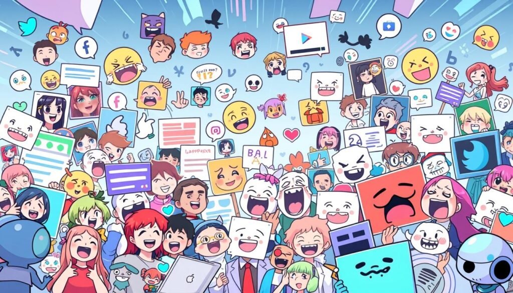 A vibrant, visually engaging collage of popular social media memes, showcasing a diverse array of humorous and relatable internet content. The foreground features a dynamic arrangement of meme-inspired illustrations, including reaction images, viral trends, and playful pop culture references. The middle ground integrates seamless transitions between these meme elements, creating a cohesive, fast-paced visual narrative. The background subtly blends abstract patterns, gradients, and digital textures, evoking the immersive, hyper-connected nature of social media platforms. Lighting is soft and diffused, lending a playful, lighthearted atmosphere to the overall composition. The lens captures the memes with a wide, panoramic perspective, emphasizing the expansive, ever-evolving nature of online humor and cultural trends.