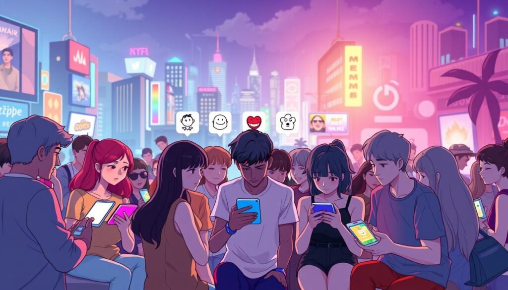 A vibrant, visually engaging scene showcasing the best online communities for adult humor memes. In the foreground, a diverse group of people, friends and strangers alike, gathered around their digital devices, sharing and reacting to the latest hilarious memes. The middle ground features a stylized, minimalist representation of popular meme-sharing platforms, with sleek icons and vibrant color palettes. In the background, a lively, neon-tinged cityscape, bustling with energy and creativity, serves as the backdrop for this meme-driven social experience. Soft, diffused lighting casts a warm, inviting glow over the entire composition, evoking a sense of camaraderie and shared appreciation for the comedic art of the meme.