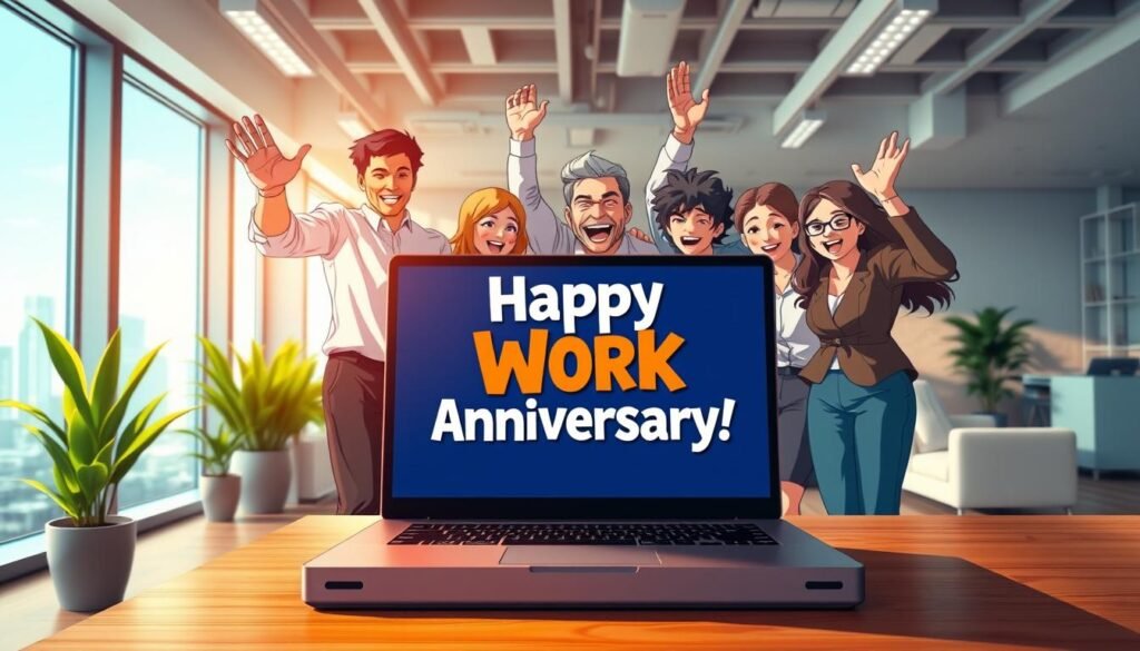 A vibrant, visually engaging work anniversary meme with a playful, celebratory tone. The foreground features a group of diverse office workers enthusiastically gathered around a laptop displaying a stylized "Happy Work Anniversary!" message. The middle ground showcases a modern, open-concept office space with sleek furniture, potted plants, and natural lighting streaming through large windows. The background subtly hints at a city skyline, providing a sense of urban professional setting. The overall lighting is bright and warm, creating a positive, uplifting atmosphere to commemorate the special occasion. The composition is balanced and eye-catching, drawing the viewer's attention to the central celebration.