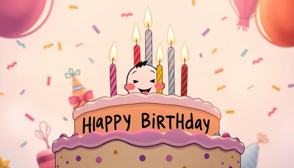 A vibrant, visually striking birthday meme against a soft, pastel-hued background. In the foreground, a delightful, hand-drawn birthday cake with colorful candles and delicate frosting details, illuminated by warm, diffused lighting from above. Surrounding the cake, a playful assortment of stylized party decorations and confetti, creating a celebratory atmosphere. In the middle ground, a playful, hand-drawn character or illustration that captures the essence of a joyful birthday celebration, with an inviting, friendly expression. The overall mood is one of lighthearted whimsy, perfect for wishing a coworker a happy birthday.