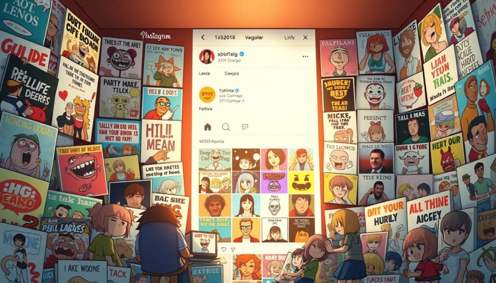 A visually engaging Instagram feed, overflowing with a delightful assortment of dirty memes. In the foreground, a collage of hilariously irreverent images, capturing the essence of offbeat humor - from absurdist cartoons to relatable situational gags. The middle ground showcases a vibrant, scrollable grid of visually striking meme formats, each one a comedic gem. In the background, a minimalist interface evokes the familiar Instagram aesthetic, complete with subtle design elements and a sense of digital connectivity. Warm, diffused lighting imbues the scene with a playful, lighthearted atmosphere, inviting the viewer to indulge in a visually captivating feast of dirty memes.