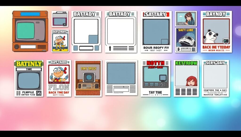 A visually engaging collage showcasing a variety of free "Back in My Day" meme templates. The foreground features a selection of retro-styled meme frames with humorous vintage imagery, such as old-school video game characters, outdated technology, and nostalgic pop culture references. The middle ground depicts a grid-like arrangement of these meme templates, allowing the viewer to easily browse and select the desired design. The background is a softly blurred, pastel-tinted gradient, creating a warm and inviting atmosphere that evokes a sense of playful reminiscence. The lighting is soft and diffused, with subtle highlights that accentuate the vintage aesthetic. The overall composition is balanced and visually appealing, capturing the essence of free, downloadable "Back in My Day" meme templates.