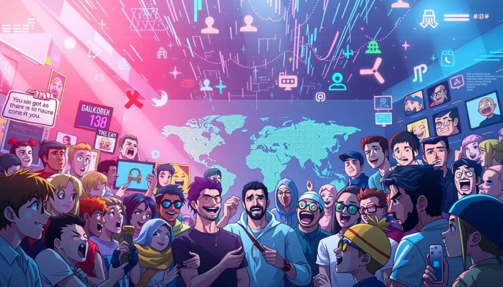A visually striking scene depicting memes as a powerful communication tool. In the foreground, a diverse array of vibrant, expressive meme formats - from the classic "distracted boyfriend" to the iconic "Drake" meme - are showcased, each conveying a unique message or emotion. The middle ground features a stylized world map, highlighting how memes have transcended geographical boundaries and become a universal language, connecting people across cultures. In the background, a dynamic swirl of digital elements, such as glitching pixels and data streams, symbolizes the rapid spread and evolution of meme culture in the digital age. The lighting is a captivating mix of neon hues and soft, diffused tones, creating an immersive, almost holographic effect. The overall composition and mood evoke the idea of memes as a versatile, impactful, and ever-changing form of modern communication.
