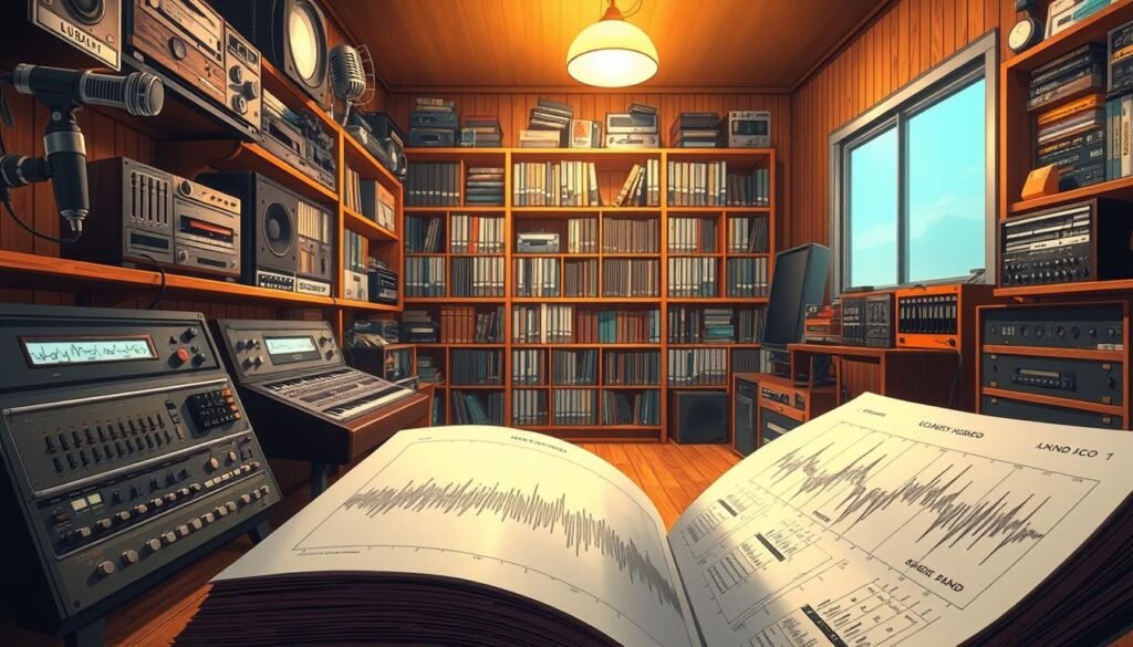 A well-lit, neatly organized sound library, featuring a diverse collection of vintage microphones, analog mixing consoles, and retro audio equipment. The foreground showcases an open book displaying sound wave diagrams, inviting the viewer to explore the intricacies of audio engineering. In the middle ground, rows of meticulously labeled shelves hold an extensive array of sound effect samples, ready to be integrated into a meme soundboard. The background depicts a cozy, wood-paneled studio space, with soft, warm lighting and a sense of creative inspiration. The overall atmosphere exudes a perfect blend of nostalgia, technical precision, and the endless possibilities of meme audio production.