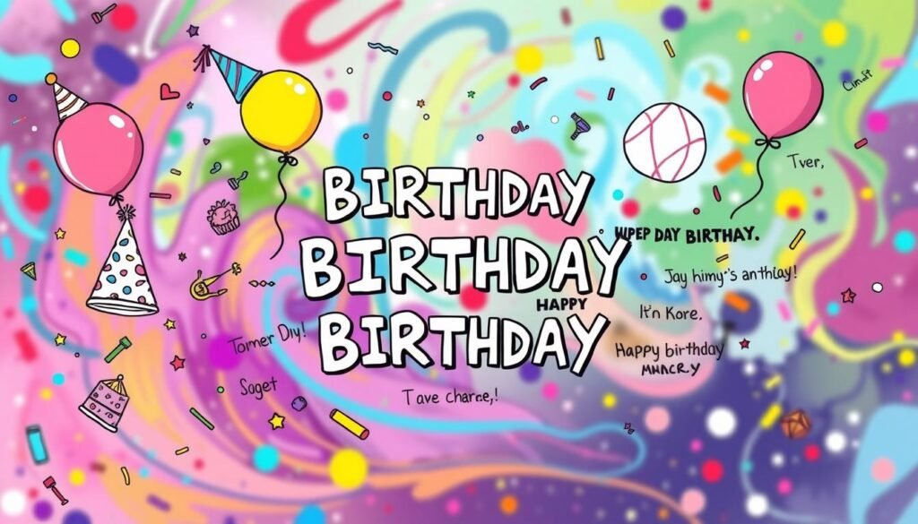 A whimsical display of colorful, hand-drawn birthday wishes floating against a vibrant, abstract background. The foreground features a playful assortment of party hats, balloons, confetti, and celebratory doodles in a variety of bold, cheerful hues. The middle ground showcases a collection of quirky, hand-lettered birthday messages in a variety of fun, expressive fonts. The background is a lively, dynamic pattern of swirling shapes and textures, creating a sense of energy and celebration. The overall mood is lighthearted, joyful, and full of birthday cheer, perfect for accompanying a humorous birthday meme.