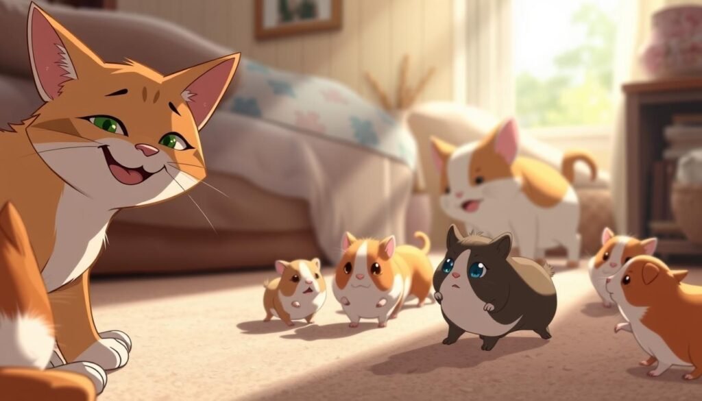 A whimsical scene of playful animal companions, illuminated by soft, natural lighting. In the foreground, a curious cat gazes mischievously at a grinning dog, their expressions conveying a sense of shared amusement. In the middle ground, a group of small rodents, such as hamsters or guinea pigs, engage in a comical game of chase, their movements capturing the carefree spirit of a weekend morning. The background features a cozy, homely setting, with plush, inviting textures and muted, earthy tones, creating a warm and welcoming atmosphere that complements the lighthearted subject matter.