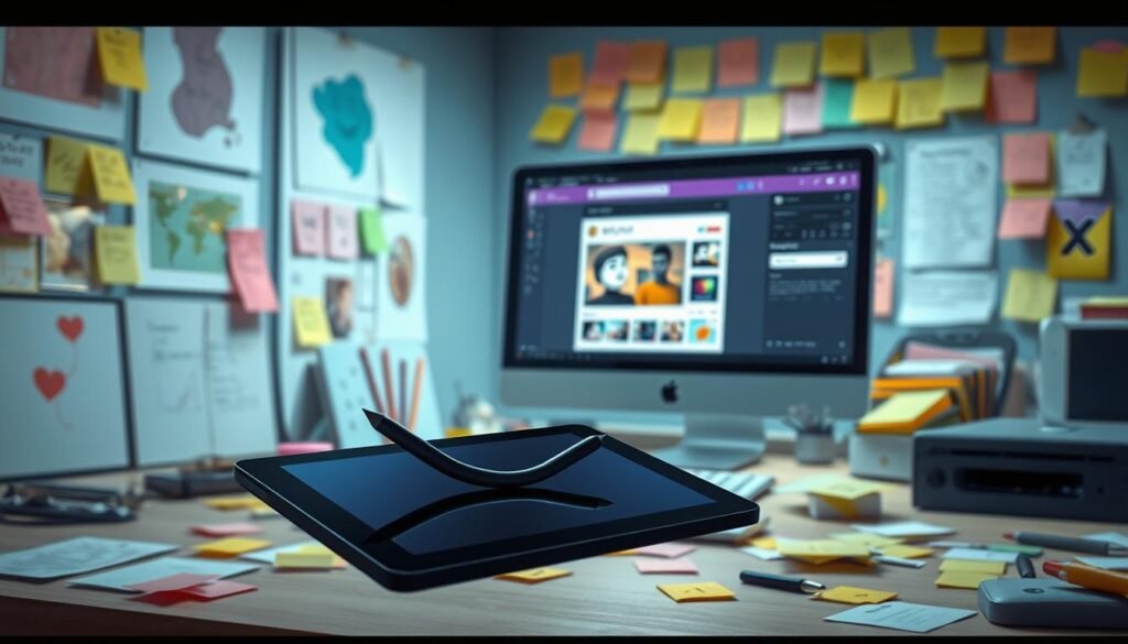 Meme creation tools: a workspace of digital canvases, vibrant icons, and a sleek, minimalist interface. In the foreground, a tablet with a stylus hovers, ready to capture creative sparks. Surrounded by a clutter of inspirational post-it notes, a desktop computer stands as the command center, its screen displaying a meme-making software. Soft, directional lighting illuminates the scene, casting subtle shadows and highlighting the tools' tactile textures. The atmosphere is one of focused productivity, where the tools themselves seem to beckon the user to craft the ultimate Thursday work meme.