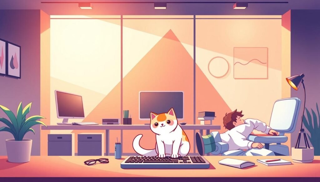 Vibrant, animated remote work memes against a sleek, minimalist office setting. In the foreground, humorous illustrations depicting the unique challenges and quirks of working from home - a cat strolling across the keyboard, a messy home workspace, a person napping at their desk. In the middle ground, abstract geometric shapes, gradients, and subtle textures create a visually engaging backdrop. The lighting is soft and warm, creating a cozy, relatable atmosphere. The overall composition strikes a balance between playfulness and professionalism, capturing the spirit of remote work culture.