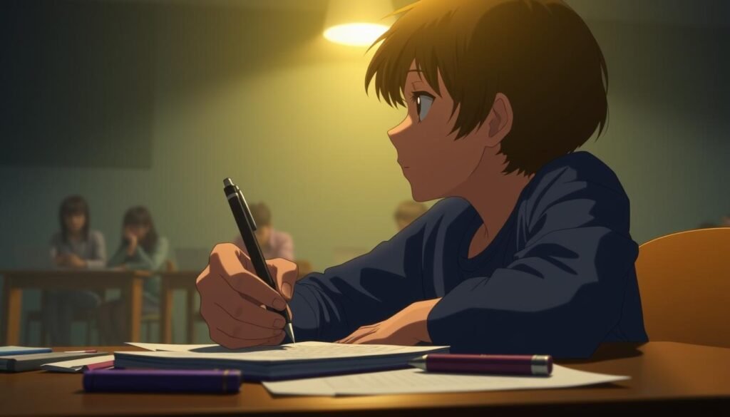 a close-up shot of a young student's perspective, sitting at a desk in a dimly lit classroom, taking notes with a focused expression on their face. The foreground features the student's hands holding a pen and notebook, with the desktop and scattered school supplies in view. The middle ground shows the student's face in profile, illuminated by the soft, warm glow of a desk lamp. The background is hazy, with the outlines of other students and desks fading into the distance, creating a sense of concentration and isolation within the academic setting.