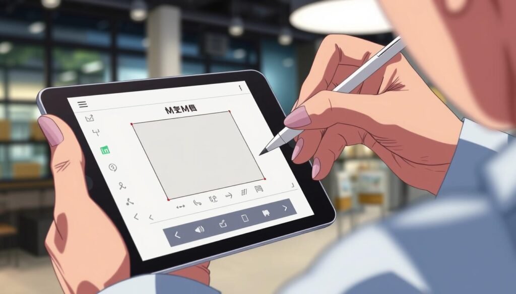 a close-up view of a hand holding a stylus or digital pen, customizing and editing a meme template on a digital tablet or smartphone, with a minimalist and clean interface visible on the screen, in a well-lit and modern setting, creating a sense of creativity, technology, and personalization