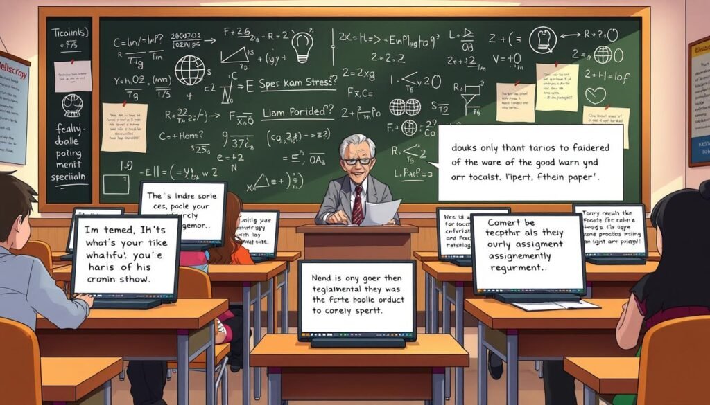 a digital illustration of a classroom scene filled with academic-themed memes and jokes, depicted with a whimsical, playful style. In the foreground, several students' desks are arranged, each displaying a humorous meme related to common academic experiences, such as exam stress, procrastination, and overly specific assignment requirements. The middle ground features the classroom teacher, an elderly professor, chuckling at the memes while grading papers. The background showcases a blackboard covered in equations, diagrams, and other academic iconography, creating an authentic academic setting. The lighting is soft and warm, conveying a lighthearted, relatable atmosphere. The overall composition captures the spirit of "Other Memorable Academic Memes" with a visually engaging and comical depiction.