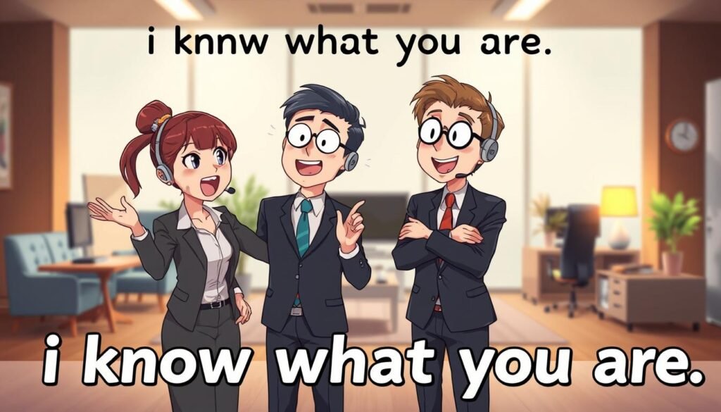a digital illustration of two animated customer service representatives engaging in a playful, lighthearted interaction. the foreground shows the characters making exaggerated gestures and facial expressions, conveying a sense of camaraderie and mutual understanding. the middle ground features a stylized office setting with sleek, minimalist furniture and decor, suggesting a modern, professional environment. the background is softly blurred, creating a sense of depth and focus on the central characters. the lighting is warm and inviting, casting a gentle glow on the scene. the overall tone is whimsical and humorous, reflecting the "i know what you are" theme of the article section.