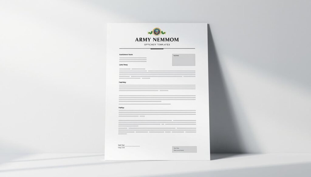 a high-quality, realistic digital rendering of an official government document template, set against a plain backdrop with soft, directional lighting. The template features a clean, minimalist design with a prominent masthead, official seals or insignia, and designated fields for text and signatures. The overall aesthetic conveys a sense of professionalism, authority, and credibility, suitable for use in an article about Army memo templates.