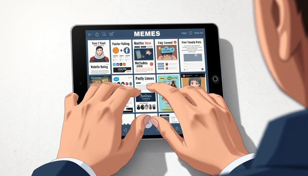 a highly detailed, photorealistic image of a person's hands customizing and editing memes on a digital tablet or smartphone, with a sleek, modern and minimalist composition. the foreground shows the hands closely interacting with the device's touchscreen, manipulating and customizing various meme templates and elements like text, images, stickers, filters, and layouts. the middle ground showcases the device's screen displaying a variety of meme templates and customization tools. the background is a clean, neutral environment with subtle textures and soft, directional lighting that highlights the hands and the device. the overall mood is focused, creative, and empowered, conveying a sense of a professional approach to meme customization.