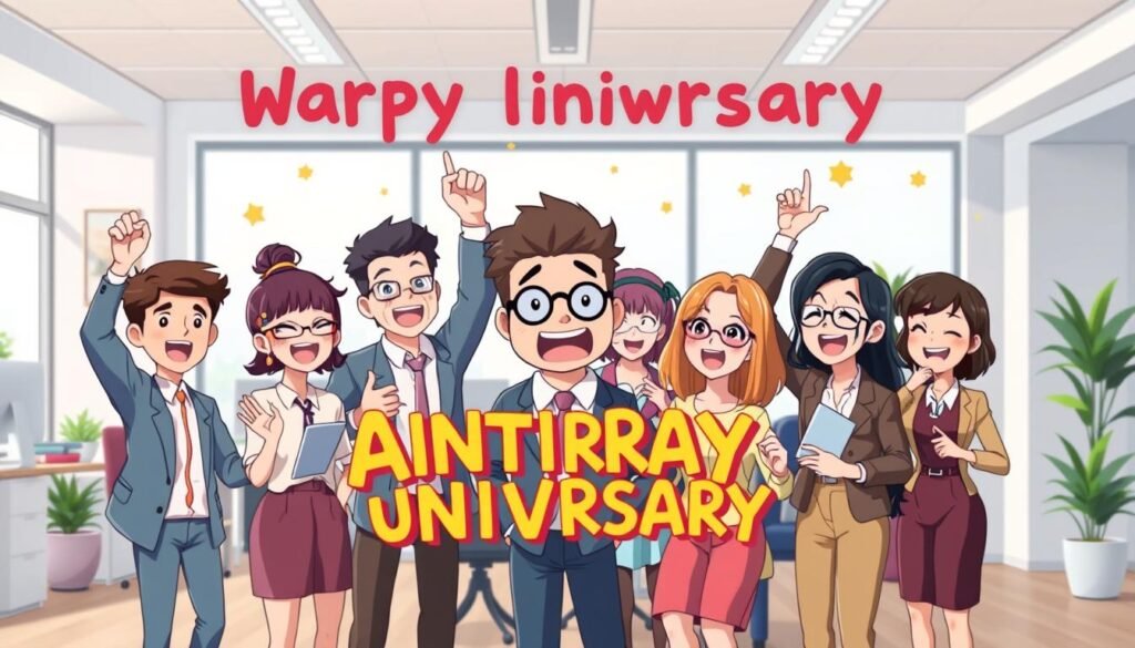 a whimsical and playful work anniversary meme, featuring a group of diverse office workers celebrating a milestone with lively expressions and humorous gestures, set against a bright, modern office environment with minimalist decor, lots of natural light, and a clean, airy atmosphere, with a sense of camaraderie and shared joy, created with a vibrant, colorful palette, a slightly cartoonish style, and a focus on capturing the fun and lighthearted spirit of the occasion