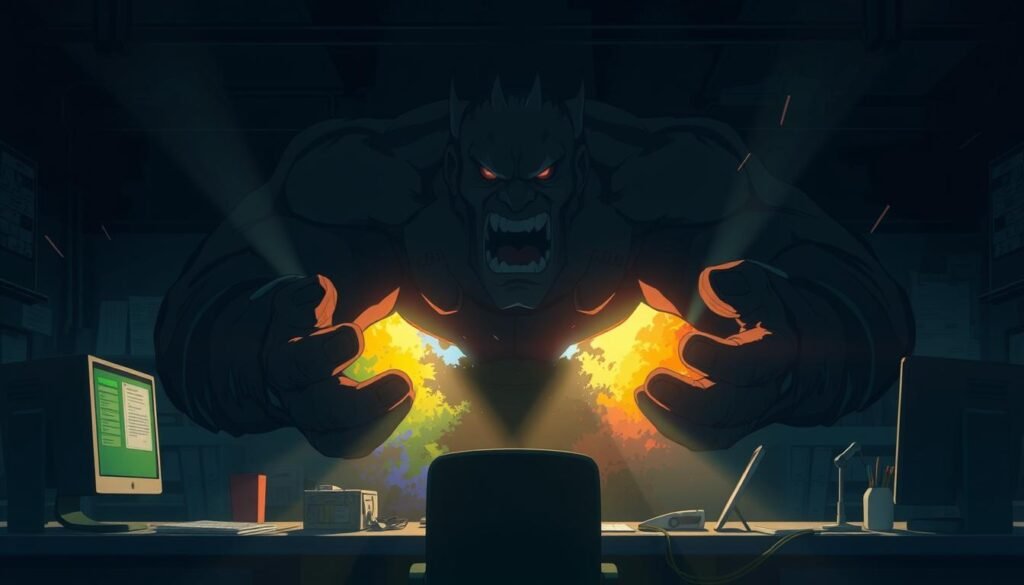 A Monday morning with a heavy burden, crushing the carefree spirit of the weekend. A dark office workspace with a looming, hulking figure of Monday, its shadow enveloping the vibrant, colorful weekend vibes. Shards of light pierce through the gloom, casting an ominous atmosphere. The figure's massive hands grip tightly, threatening to extinguish the last remnants of freedom and joy. Desaturated tones and moody, dramatic lighting emphasize the weight and pressure of the workweek, conveying the sense of impending dread as the weekend's blissful escape is ruthlessly consumed.