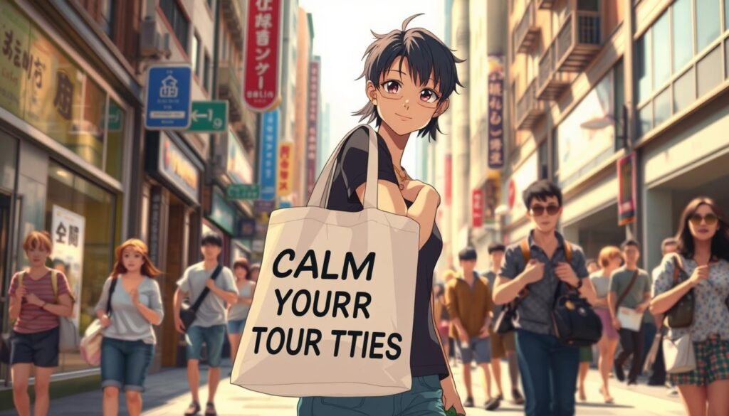 A bustling city street, sun-dappled and vibrant, serves as the backdrop for a relatable everyday scene. In the foreground, a person casually strolls, their expression conveying a lighthearted, carefree attitude. They carry a reusable tote bag, emblazoned with the iconic "Calm Your Tities" meme, seamlessly integrated into their casual, contemporary attire. The middle ground features pedestrians going about their business, their faces reflecting a range of emotions - some amused, others bemused, by the subtle yet impactful presence of the meme-inspired accessory. The lighting is soft, natural, and evocative, creating a sense of warmth and authenticity. The camera angle is slightly elevated, offering a bird's-eye view that captures the interplay between the meme and the everyday urban environment.